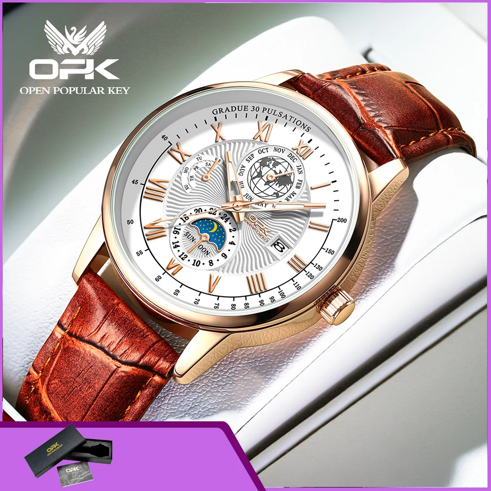 OPK 8153 Men's Business Watch Luminous Moon Phase Calendar Leather Strap Fashon Top Original Quartz Wristwatch for Man
OPK 8153 Men's Business Watch Luminous Moon Phase Calendar Leather Strap Fashon Top Original Quartz Wristwatch for Man