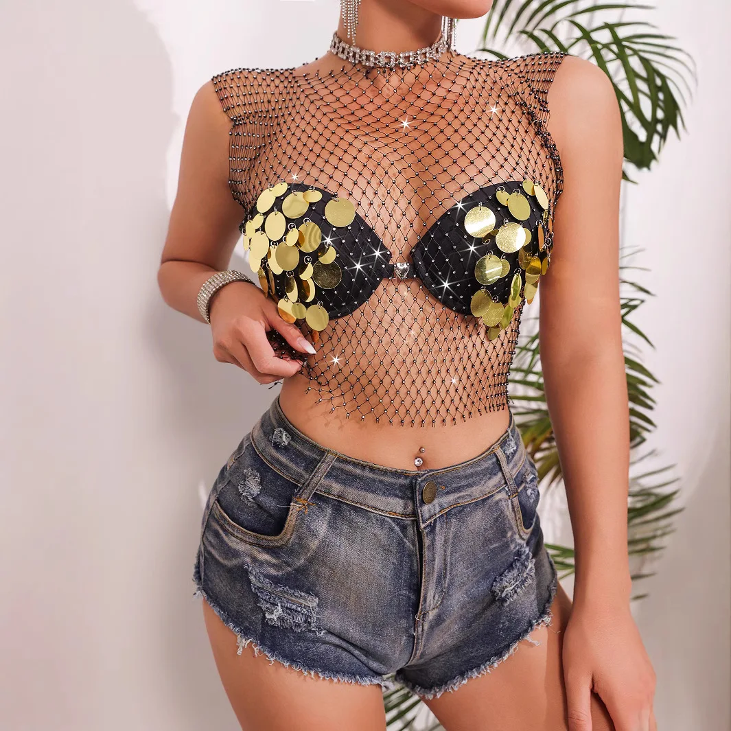 New Fashionable European American Fishing Net Diamond Sequins Temperament Hollowing Spicy Girl Take Sexy Small Undershirt Women
New Fashionable European American Fishing Net Diamond Sequins Temperament Hollowing Spicy Girl Take Sexy Small Undershirt Women
