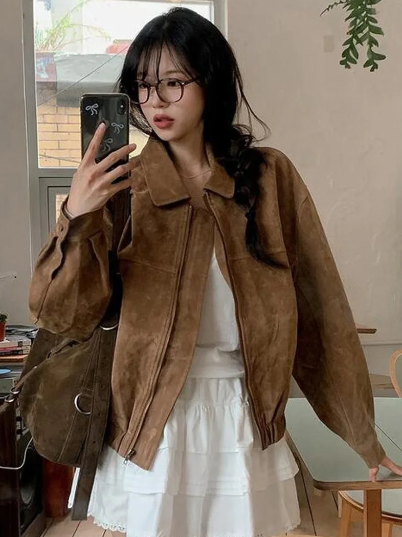 Retro Chic Autumnal Biker Jaet ort Outerwear Loose Fit Collared Fauna Velvet Women's Faion Korean Sle Streetwear
Retro Chic Autumnal Biker Jaet ort Outerwear Loose Fit Collared Fauna Velvet Women's Faion Korean Sle Streetwear