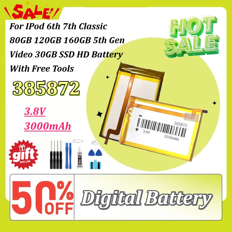 Upgrade 385872 3.8V 3000mAh Battery for IPod 6th 7th Classic 80GB 120GB 160GB 5th Gen Video 30GB SSD HD Battery with Free Tools
Upgrade 385872 3.8V 3000mAh Battery for IPod 6th 7th Classic 80GB 120GB 160GB 5th Gen Video 30GB SSD HD Battery with Free Tools