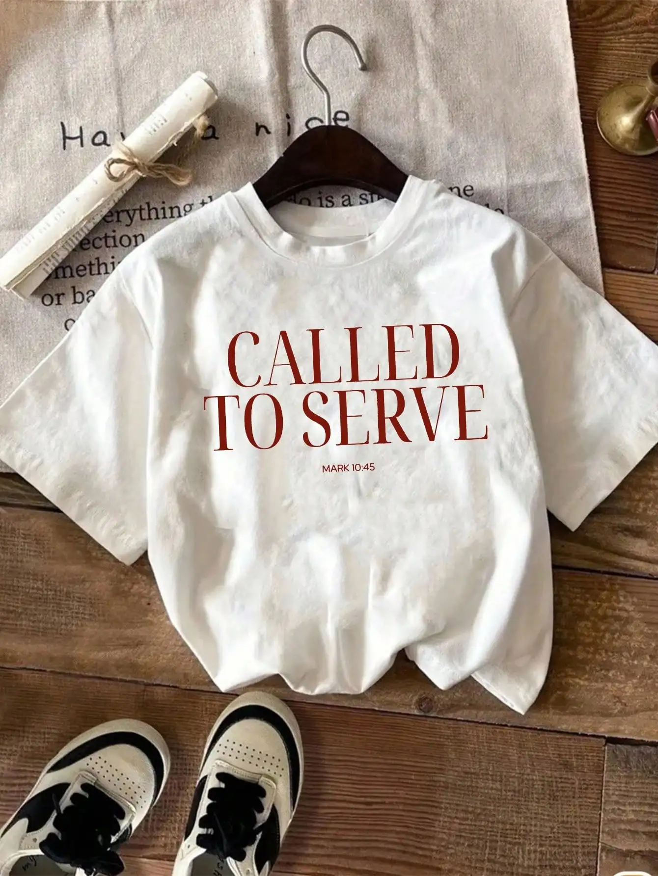 Called to Serve Christian T-Shirt with Mark 10:45 Print, Casual Streetwear for Women
Called to Serve Christian T-Shirt with Mark 10:45 Print, Casual Streetwear for Women