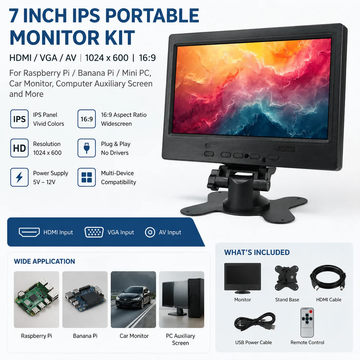 7-Inch Fully Compatible Portable Display Kit HDMI/VGA/AV For Computer/Development Board/Automotive/Industrial Equipment Monitor
7-Inch Fully Compatible Portable Display Kit HDMI/VGA/AV For Computer/Development Board/Automotive/Industrial Equipment Monitor