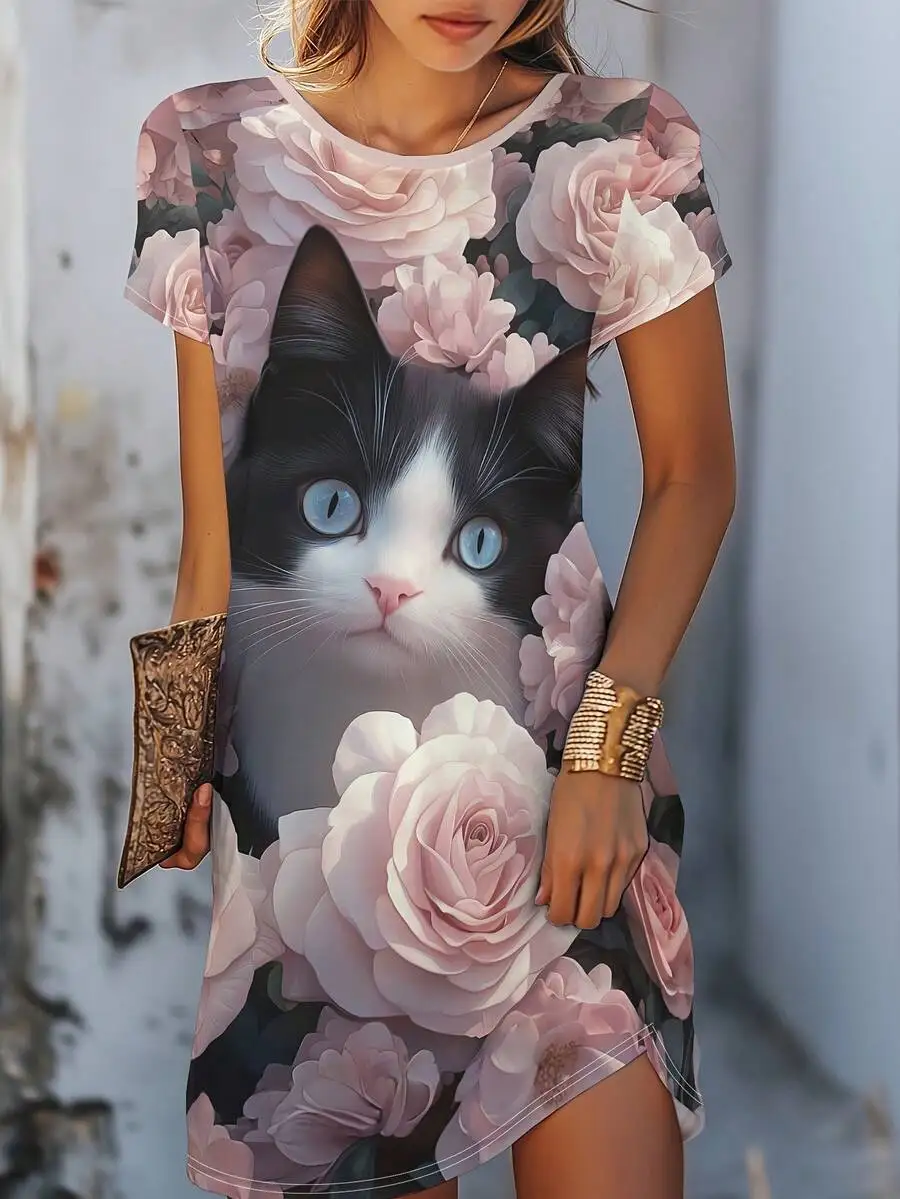 Summer Casual Women Dress With 3D Cat And Floral Print Round Neck Short Sleeve
Summer Casual Women Dress With 3D Cat And Floral Print Round Neck Short Sleeve
