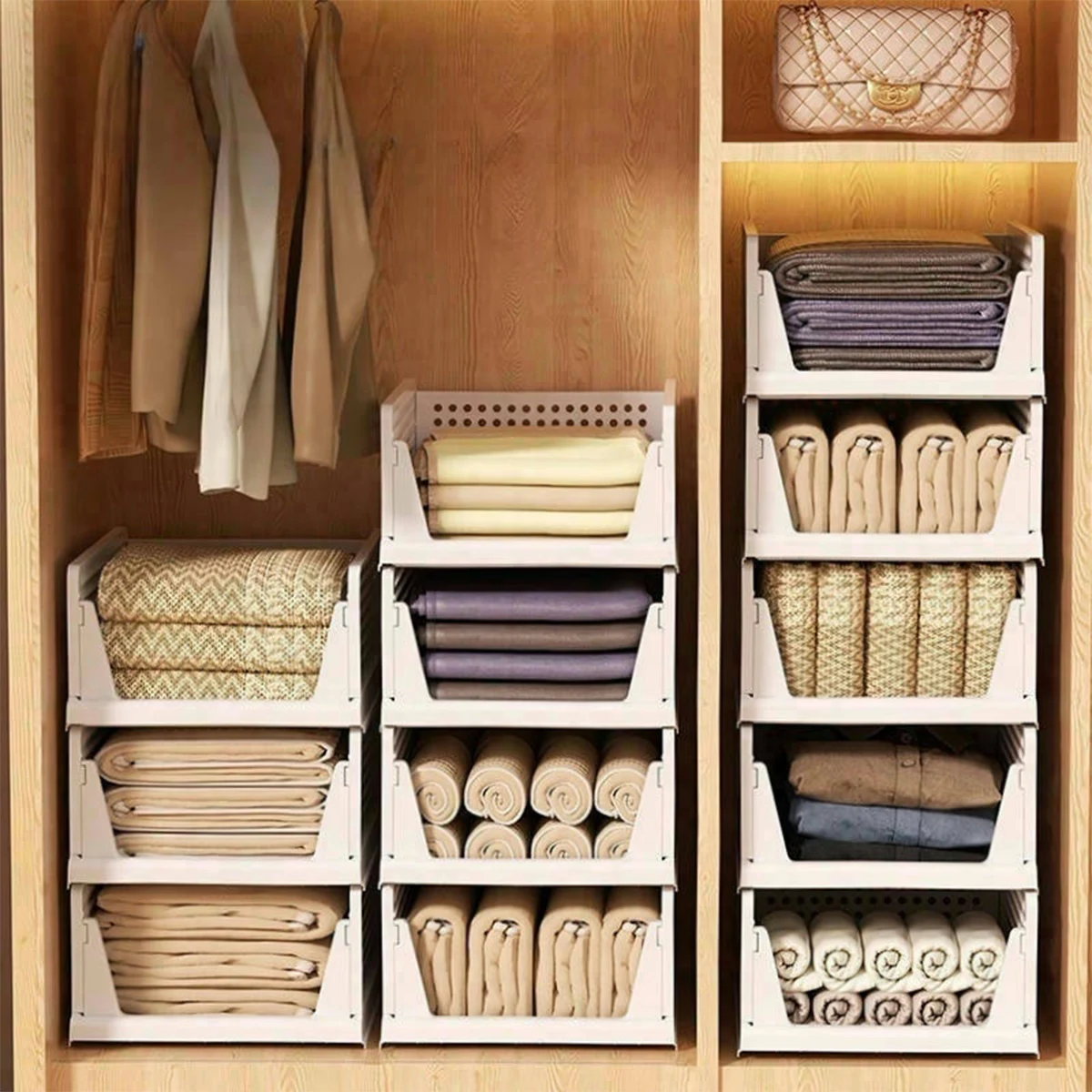 Stackable Storage Basket Plastic Folding Closet Organizers Storage Box Wardrobe Drawer Units layered Partition Storage rack
Stackable Storage Basket Plastic Folding Closet Organizers Storage Box Wardrobe Drawer Units layered Partition Storage rack