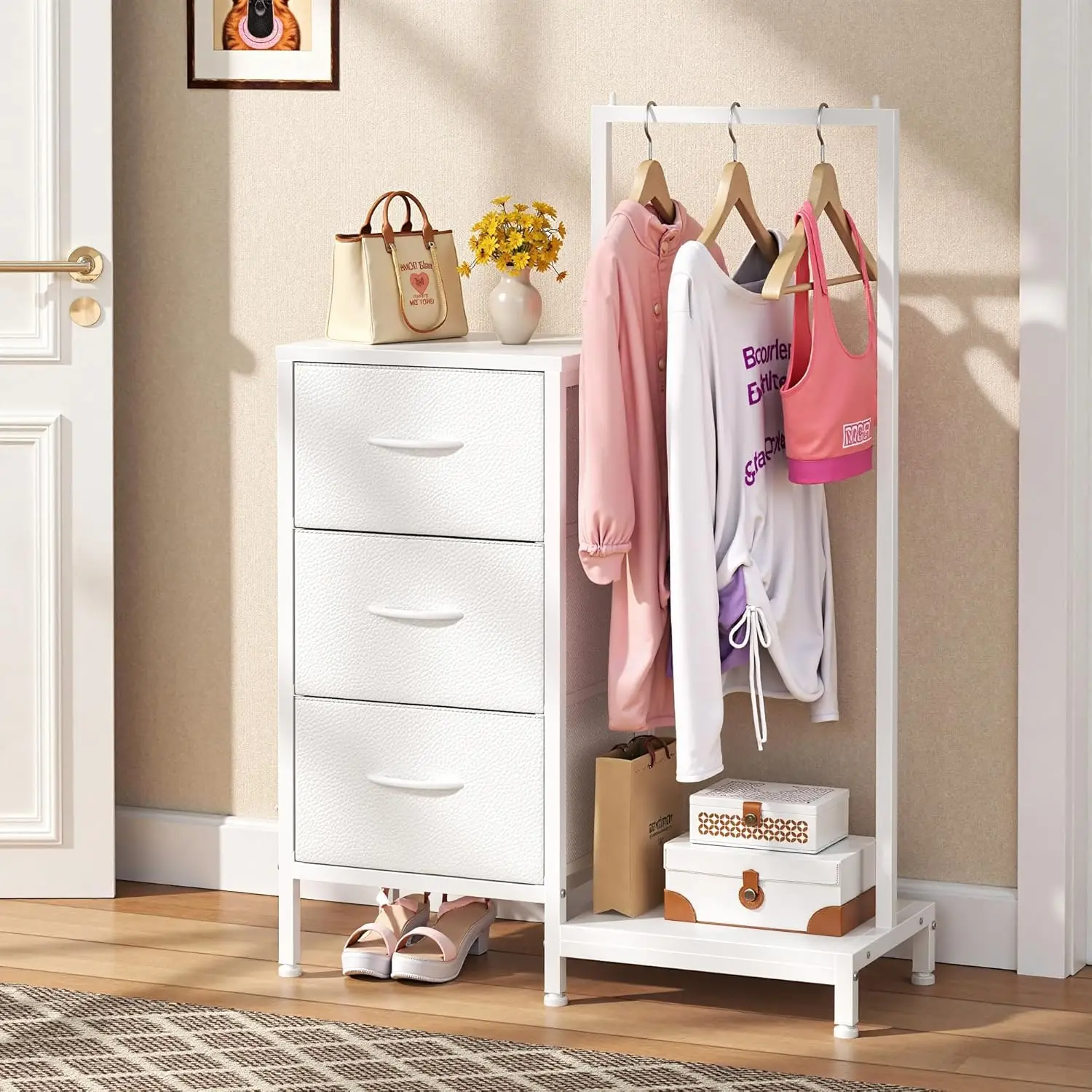 Dresser for Bedroom with Hanging Rack, 3 Drawers Dresser for Bedroom - White
Dresser for Bedroom with Hanging Rack, 3 Drawers Dresser for Bedroom - White