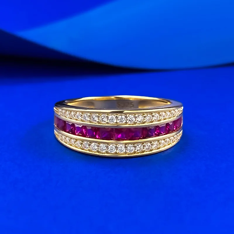 S925 silver ring with red and white three layered alternating half circle full inlaid ring, princess square zirconia design
S925 silver ring with red and white three layered alternating half circle full inlaid ring, princess square zirconia design