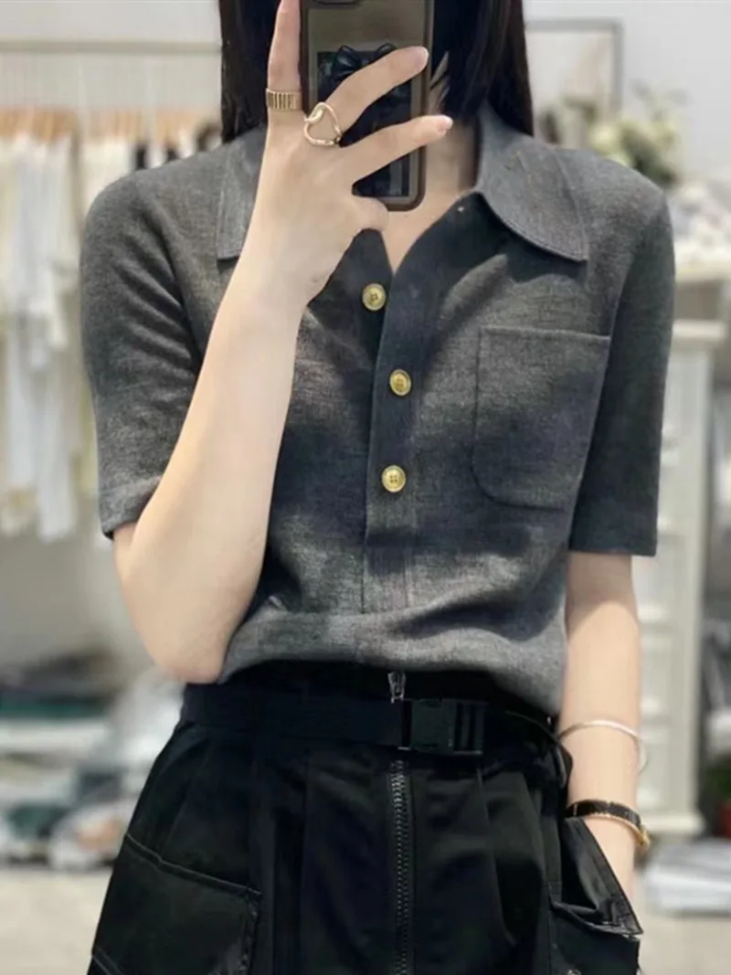 Fashionable Stylish Polo Knitted Short Women's European Style Loose Slimming Half Sleeve Shirt Turn-Down Collar T-Shirt
Fashionable Stylish Polo Knitted Short Women's European Style Loose Slimming Half Sleeve Shirt Turn-Down Collar T-Shirt