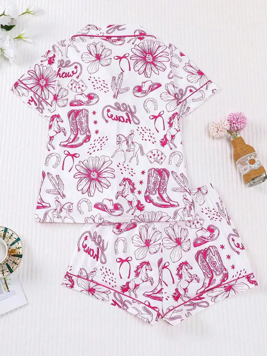 Womens Western Print Pajama Set Short Sleeve Button Up Top And Elastic Shorts
Womens Western Print Pajama Set Short Sleeve Button Up Top And Elastic Shorts