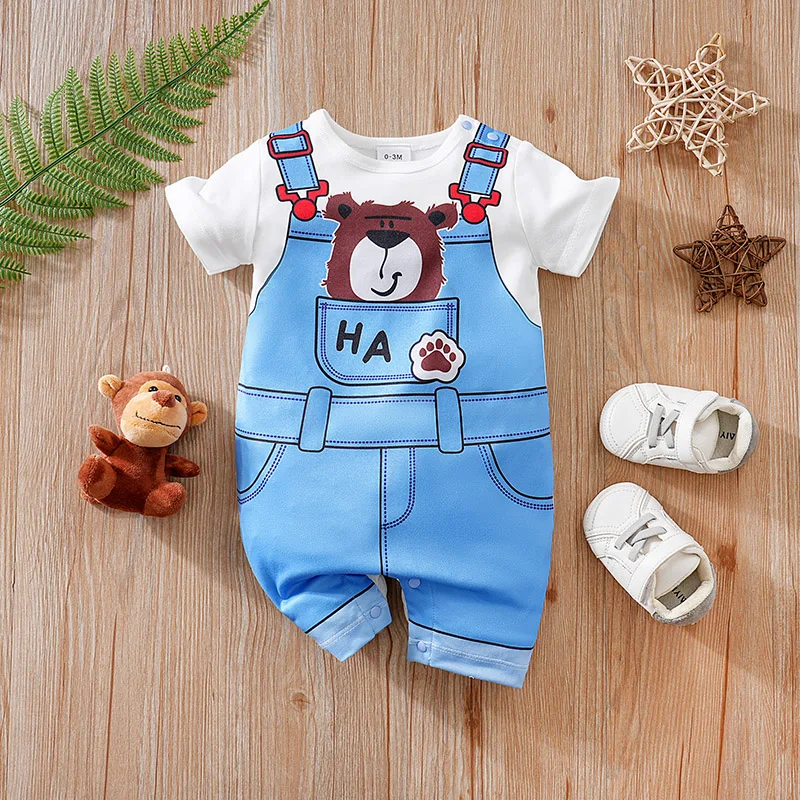 Newborn Baby Cartoon Bear Fake Overalls Romper, Short Sleeve Stripeless Infant Summer Jumpsuit 0-18M
Newborn Baby Cartoon Bear Fake Overalls Romper, Short Sleeve Stripeless Infant Summer Jumpsuit 0-18M