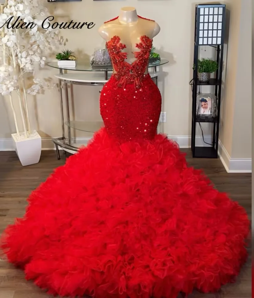 Exquisite Red Mermaid Prom Dresses Tiered Ruffle Beading Crystals Diamonds Biethday Party Dress Evening Gown Customized
Exquisite Red Mermaid Prom Dresses Tiered Ruffle Beading Crystals Diamonds Biethday Party Dress Evening Gown Customized