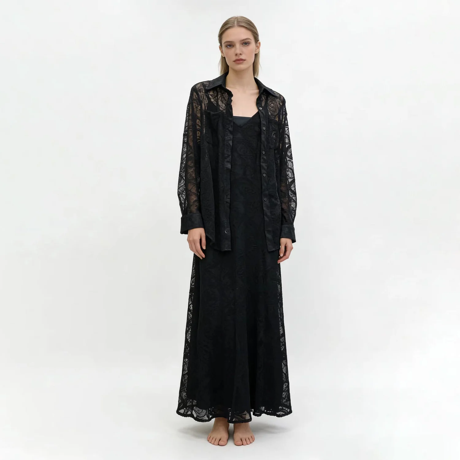 DNBS Women's 2 Piece Lace Dress Set Long Sleeve Sheer Shirt with Sleeveless Slip Dress
DNBS Women's 2 Piece Lace Dress Set Long Sleeve Sheer Shirt with Sleeveless Slip Dress