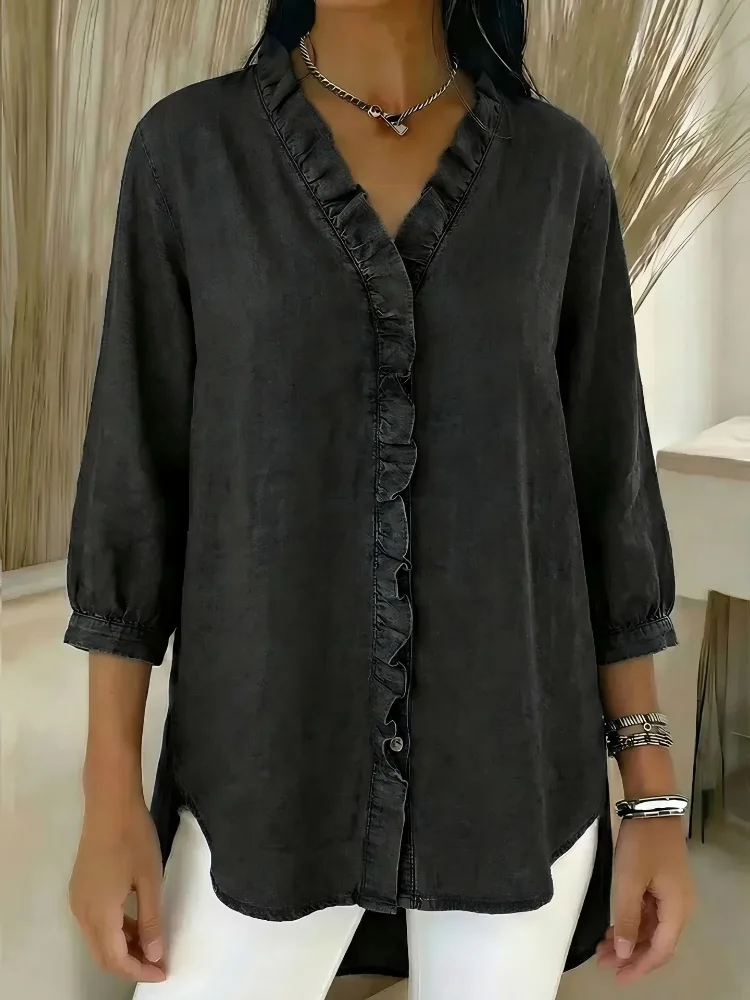 Casual Ruffled Denim Loose Shirt Women Solid V-neck Half Sleeve Single Breasted Oversized Blouse 2026 Lady Spring Commute Shirt
Casual Ruffled Denim Loose Shirt Women Solid V-neck Half Sleeve Single Breasted Oversized Blouse 2026 Lady Spring Commute Shirt