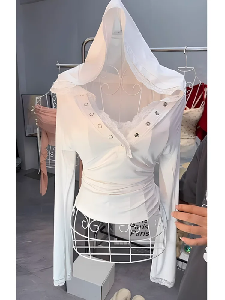 Pure Desire Spicy Girl Lace Trim Hooded Long Sleeve T-Shirt Women Early Autumn New Small Design White Top Korean Style Slim Fit
Pure Desire Spicy Girl Lace Trim Hooded Long Sleeve T-Shirt Women Early Autumn New Small Design White Top Korean Style Slim Fit