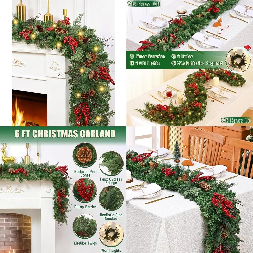 Christmas Garland with Lights, 6 Feet Long, Faux Pine Garland for Mantel, Lifelike Pinecones and Berries
Christmas Garland with Lights, 6 Feet Long, Faux Pine Garland for Mantel, Lifelike Pinecones and Berries