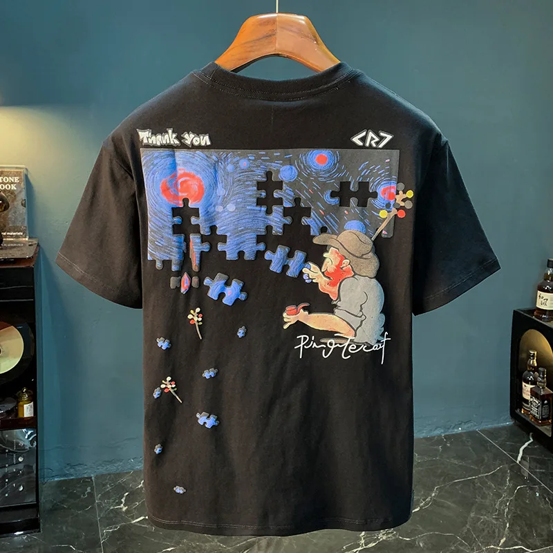 Fashionable men's T-shirt trend abstract artistic print summer loose combed cotton comfortable short sleeved top
Fashionable men's T-shirt trend abstract artistic print summer loose combed cotton comfortable short sleeved top