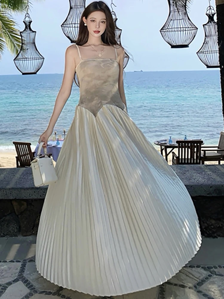 Summer Mesh Patchwork Satin Pleated A-Line Long Dress Women Elegant Casual Sling Sexy Dress 2026 New Korean Luxury Evening Dress
Summer Mesh Patchwork Satin Pleated A-Line Long Dress Women Elegant Casual Sling Sexy Dress 2026 New Korean Luxury Evening Dress