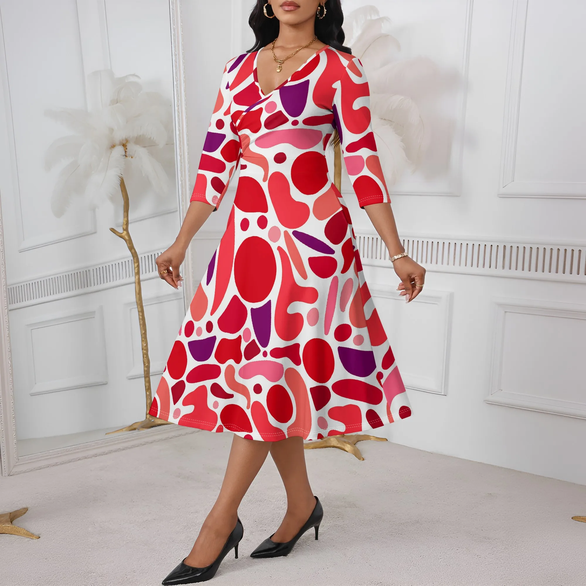 Red Abstract Print Wrap Dress XS-3XL White A-Line Style with V-Neck for Summer Streetwear, Art Gallery Look or Creative Brunch
Red Abstract Print Wrap Dress XS-3XL White A-Line Style with V-Neck for Summer Streetwear, Art Gallery Look or Creative Brunch