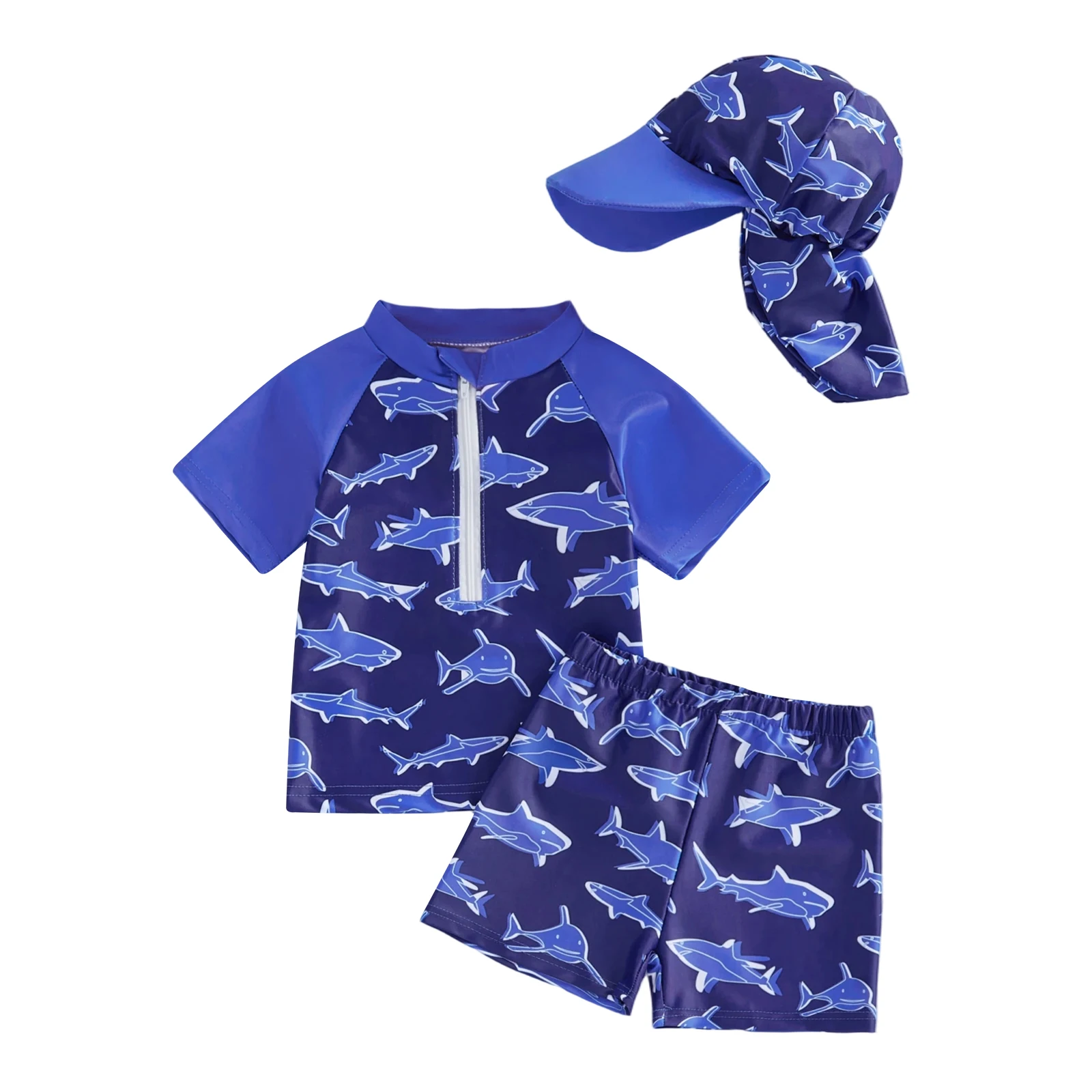 Infant Boy Beachwear Set with Rash Guard Swim Shorts and Sun Hat in Ocean Print - 3 Piece Zip Up Swimwear Ensemble
Infant Boy Beachwear Set with Rash Guard Swim Shorts and Sun Hat in Ocean Print - 3 Piece Zip Up Swimwear Ensemble
