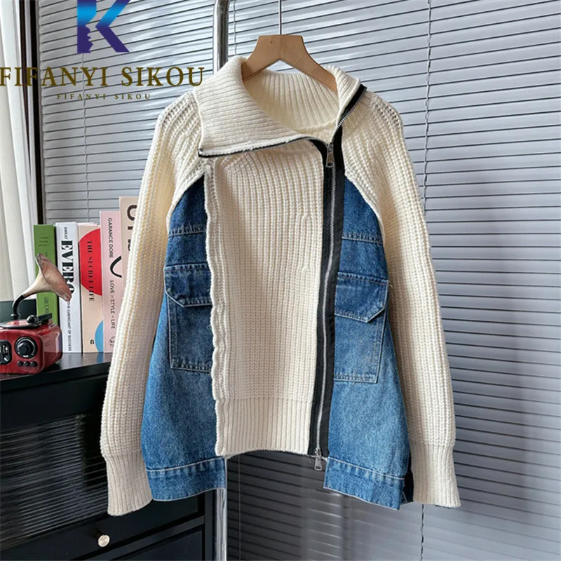 Autumn Winter Turtleneck Sweater Women Irregular Zipper Casual Pullover Denim Spliced Knitted Sweaters Female Fashion Loose Tops
Autumn Winter Turtleneck Sweater Women Irregular Zipper Casual Pullover Denim Spliced Knitted Sweaters Female Fashion Loose Tops