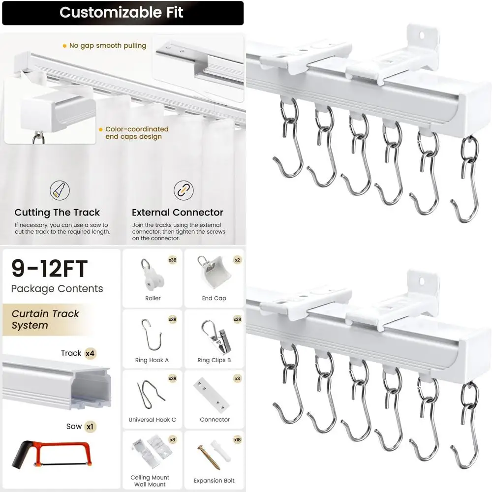 Heavy-Duty Ceiling/Wall Mount Sliding Room Divider Track, Silent Rail with 3 Hook Types, for Living Room, Bedroom, Shower - Whit
Heavy-Duty Ceiling/Wall Mount Sliding Room Divider Track, Silent Rail with 3 Hook Types, for Living Room, Bedroom, Shower - Whit