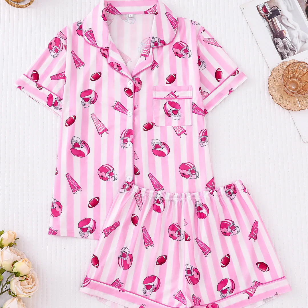 Спортивная тематическая пижама розового цвета с футбольным шлемом и принтом, шорты с короткими рукавами, одежда для дома, комплект домашней одежды, подарки для женщин
Спортивная тематическая пижама розового цвета с футбольным шлемом и принтом, шорты с короткими рукавами, одежда для дома, комплект домашней одежды, подарки для женщин