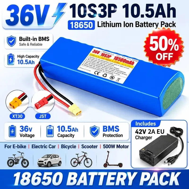 36V Battery 10S3P 10.5Ah 18650 Lithium Ion Battery Pack for Ebike Electric Car Bicycle Motor Scooter 500W with 42V2A Charger
36V Battery 10S3P 10.5Ah 18650 Lithium Ion Battery Pack for Ebike Electric Car Bicycle Motor Scooter 500W with 42V2A Charger