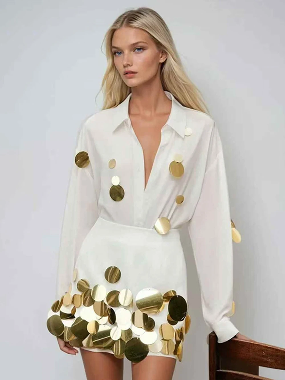 Modphy Fashion Solid Sequins Woman 2 Piece Set Outfit Elegant Long Sleeve Shirt With High Waist Mini Skirt Set Female
Modphy Fashion Solid Sequins Woman 2 Piece Set Outfit Elegant Long Sleeve Shirt With High Waist Mini Skirt Set Female