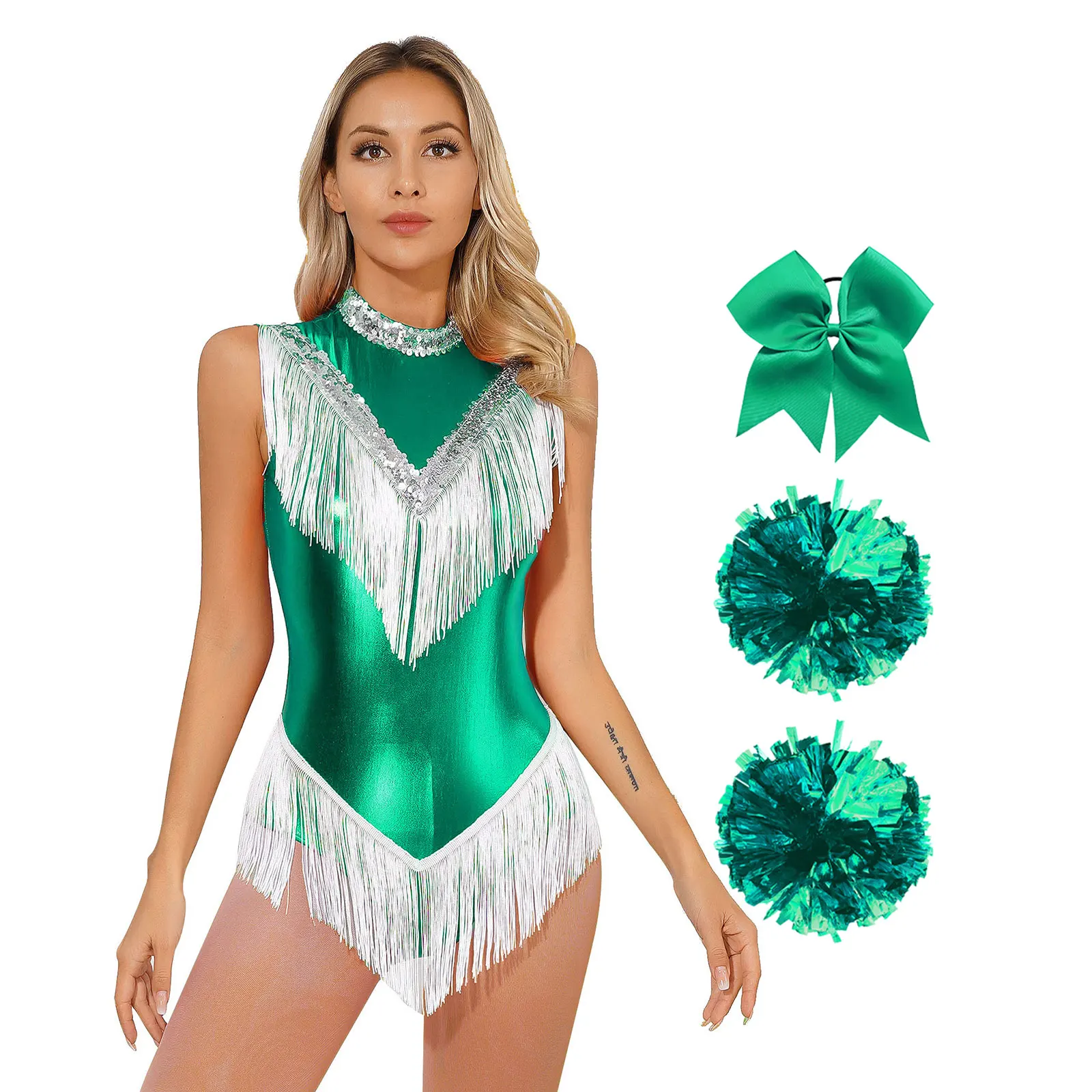 Womens Cheerleading Dance Costume Uniform Latin Performance Set Sleeveless Shiny Sequins Tassel Leotard with Accessories Outfits
Womens Cheerleading Dance Costume Uniform Latin Performance Set Sleeveless Shiny Sequins Tassel Leotard with Accessories Outfits
