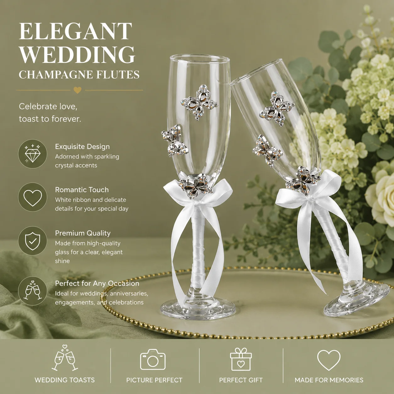 Premium Wedding Champagne Flutes with Sparkling Crystal Butterfly Decor & White Ribbon for Bridal Ceremony
Premium Wedding Champagne Flutes with Sparkling Crystal Butterfly Decor & White Ribbon for Bridal Ceremony