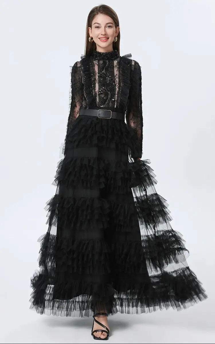 Elegant Embroidered Sequins Long Dress Autumn Women's Layer Ruffle Full Sleeve Evening Party Vestido Mesh Tulle Gown
Elegant Embroidered Sequins Long Dress Autumn Women's Layer Ruffle Full Sleeve Evening Party Vestido Mesh Tulle Gown