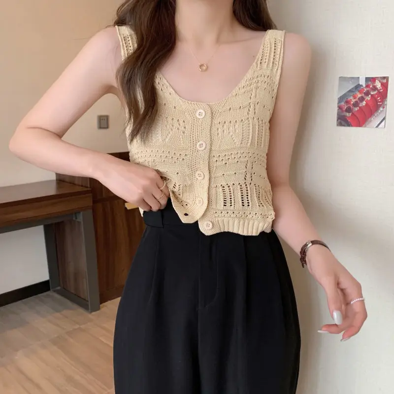 French Tank Tops Woman O-Neck Single Breasted Knitted Vest Top Summer Solid Color Slim Fit Hollow Cover Tops Knitted Vest Top
French Tank Tops Woman O-Neck Single Breasted Knitted Vest Top Summer Solid Color Slim Fit Hollow Cover Tops Knitted Vest Top