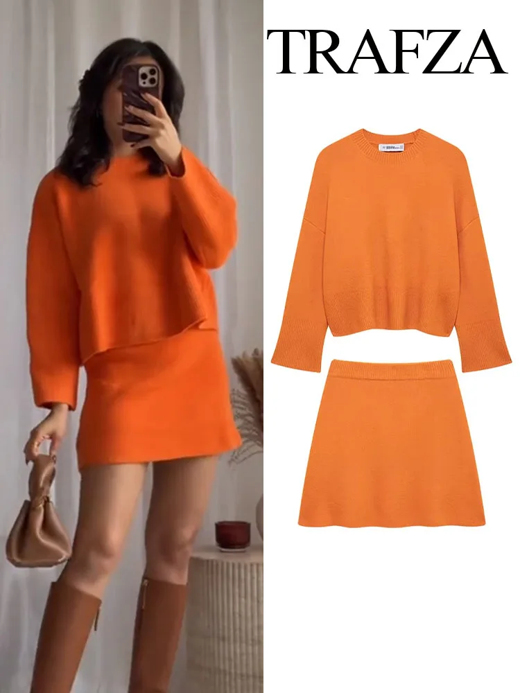 TRAFZA Women Fashion Skirt Suits Orange O-Neck Long Sleeves Pullover+Elastic Waist Mini Skirts Female Spring Casual Knitting Set
TRAFZA Women Fashion Skirt Suits Orange O-Neck Long Sleeves Pullover+Elastic Waist Mini Skirts Female Spring Casual Knitting Set