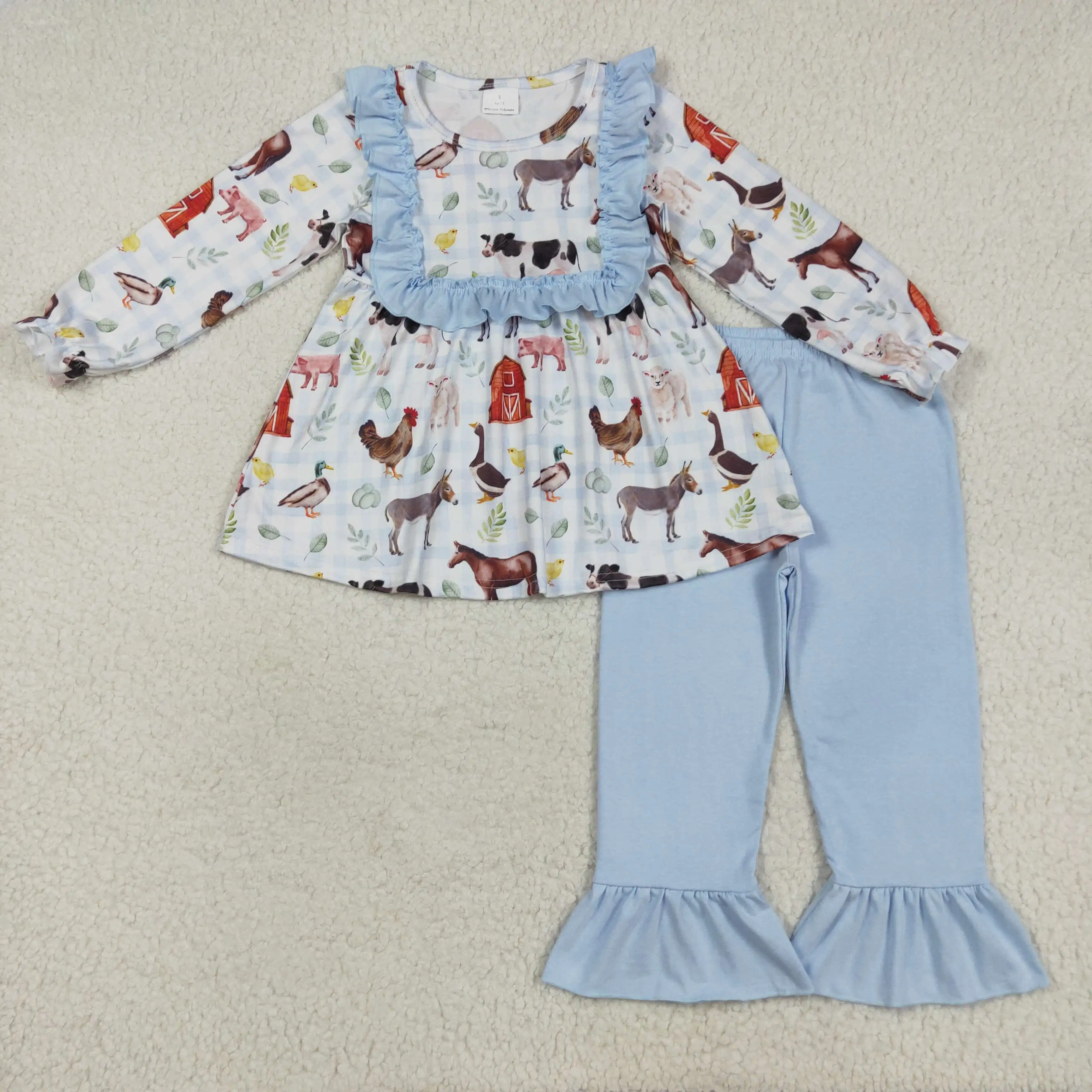 Baby Girls Light Blue Plaid Long Ruffle Sleeve Tunic with House Chicks Design And Matching Farm Pants Girls Clothing Set
Baby Girls Light Blue Plaid Long Ruffle Sleeve Tunic with House Chicks Design And Matching Farm Pants Girls Clothing Set