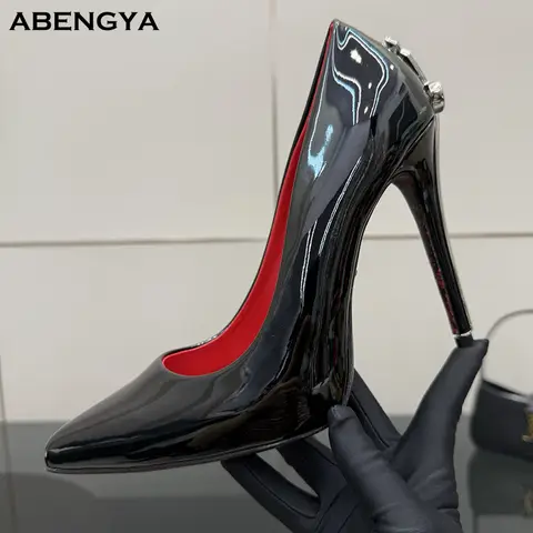 2026 Hot Sale Black Leather Prom Shoes Women Pumps Metal High Heels Dress Shoes Autumn Sexy Party Banquet Shoes For Women