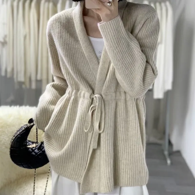 Autumn and winter100% wool cardigan women's loose jacket for mid to long style with tie up and waist cinching knit sweater
Autumn and winter100% wool cardigan women's loose jacket for mid to long style with tie up and waist cinching knit sweater