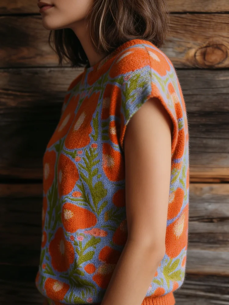 Women's Retro Poppy Flower Jacquard Knit Top, Casual Loose Short Sleeve Round Neck Knitted Blouse, Boho Floral Print Pullover Sweater Vest for Spring Summer Fall 8 S11ddbaac651745ae83857e2d6df7e168k