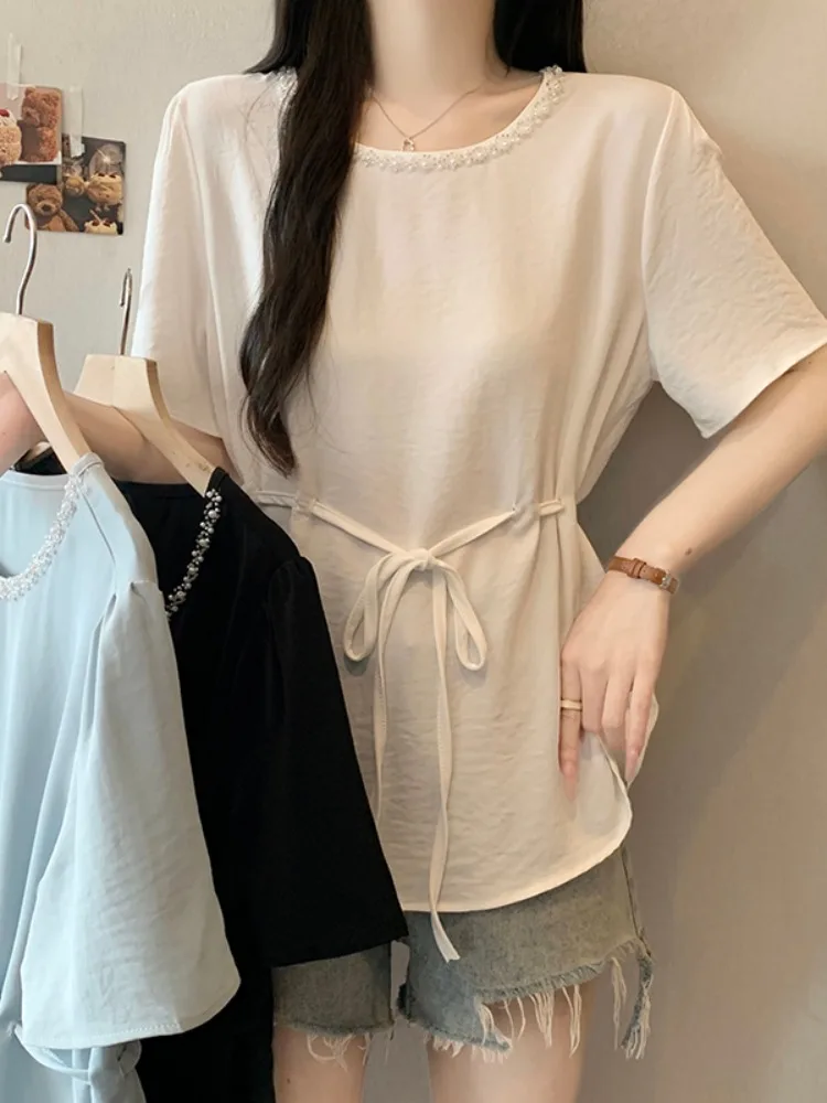 plus Size Summer Korean Style T-Shirt Heavy Embellished Waist-Cinching Design Belted Short Sleeve Women's Fashion Top
plus Size Summer Korean Style T-Shirt Heavy Embellished Waist-Cinching Design Belted Short Sleeve Women's Fashion Top