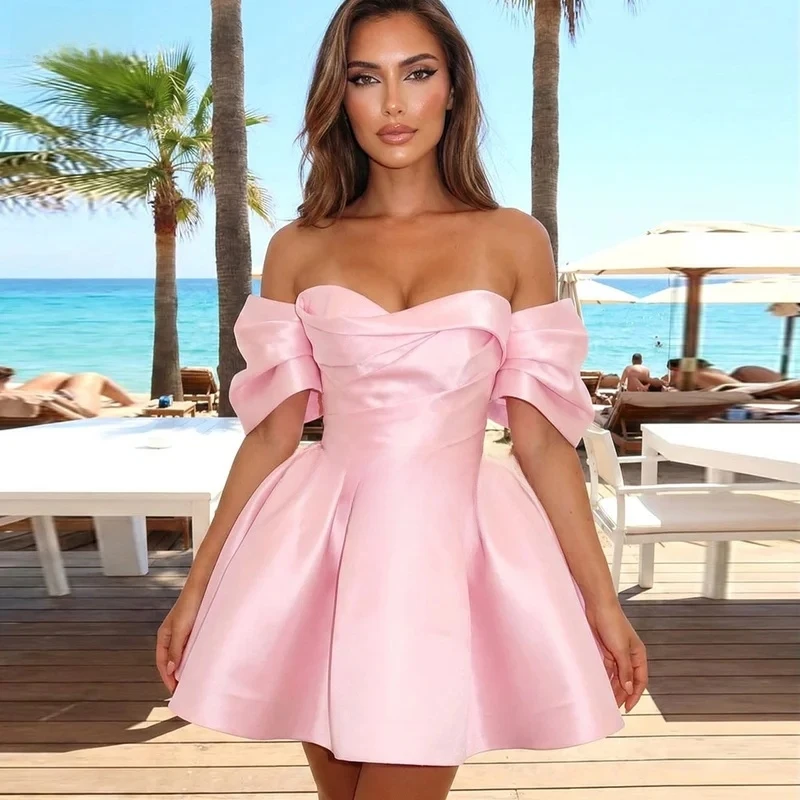 2026 Beach Pink Prom Dresses Off The Shoulder Sexy Mini A Line Satin Vestido De Festa Backless Short Birthday Dress Customized
2026 Beach Pink Prom Dresses Off The Shoulder Sexy Mini A Line Satin Vestido De Festa Backless Short Birthday Dress Customized