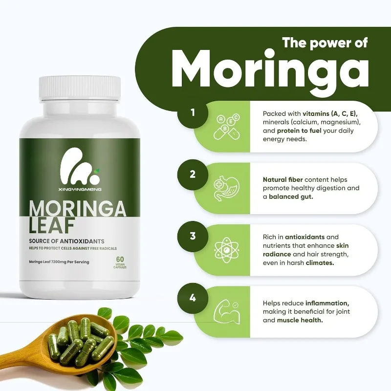 Moringa powder capsules 7200mg - antioxidant energy, intestinal health support, containing vitamins and amino acids
Moringa powder capsules 7200mg - antioxidant energy, intestinal health support, containing vitamins and amino acids