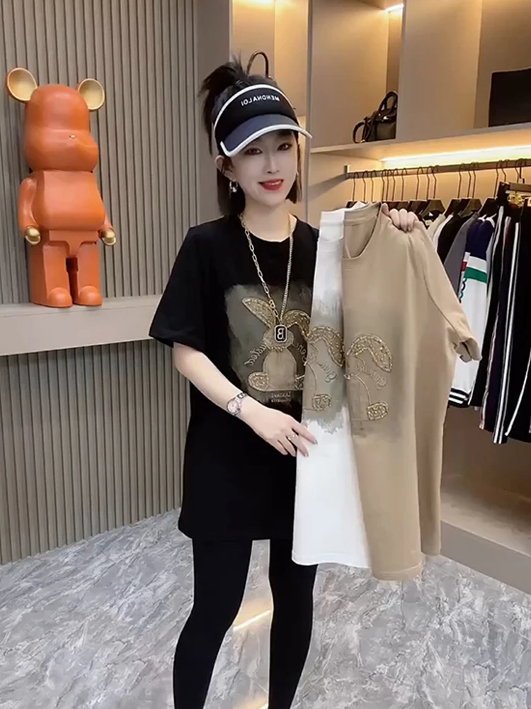 European style heavy-duty nail bead rabbit short sleeved T-shirt for women's summer new cotton half sleeved loose fashion top
European style heavy-duty nail bead rabbit short sleeved T-shirt for women's summer new cotton half sleeved loose fashion top