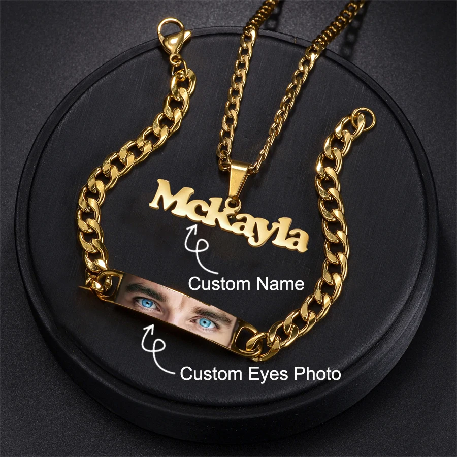 Acheerup Personalized Name Pendant Necklace UV Printing Eyes Photo Bracelet for Women Men Kids Stainless Steel Jewelry Set Gift
Acheerup Personalized Name Pendant Necklace UV Printing Eyes Photo Bracelet for Women Men Kids Stainless Steel Jewelry Set Gift