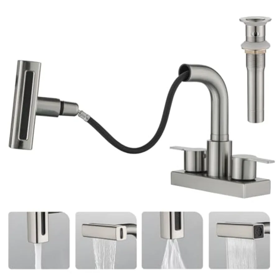 Bathroom Sink Faucet with Pull Down Sprayer 3 Holes, Brushed Nickel 4 inch 2 Handles Centerset Laundry Bar Basin Pull Out Fauce
Bathroom Sink Faucet with Pull Down Sprayer 3 Holes, Brushed Nickel 4 inch 2 Handles Centerset Laundry Bar Basin Pull Out Fauce