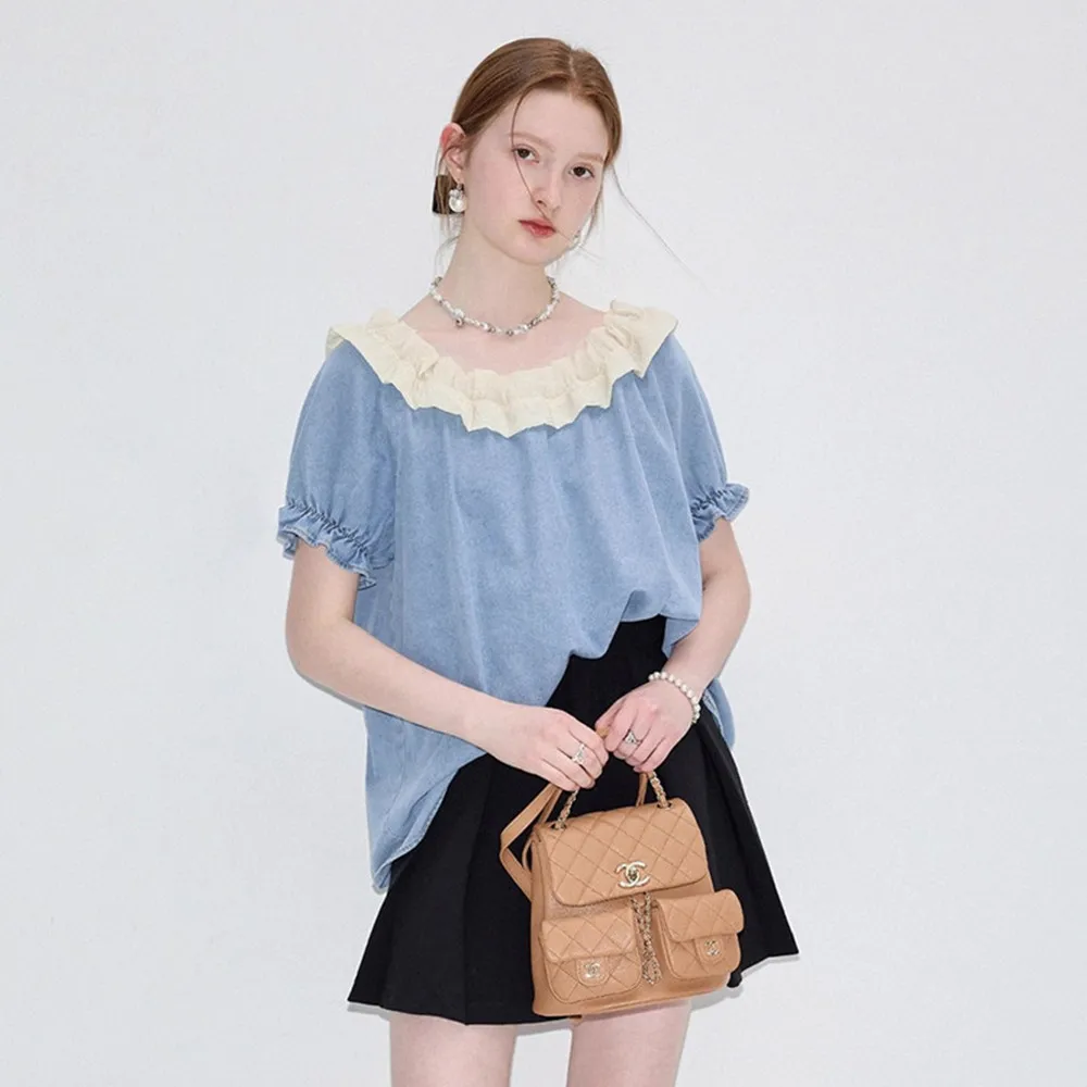 2025 Summer Women Vintage Ruffle Edge Pleated Denim Tops Streetwear Korean Fashion Short Sleeve Jean T-shirt
2025 Summer Women Vintage Ruffle Edge Pleated Denim Tops Streetwear Korean Fashion Short Sleeve Jean T-shirt