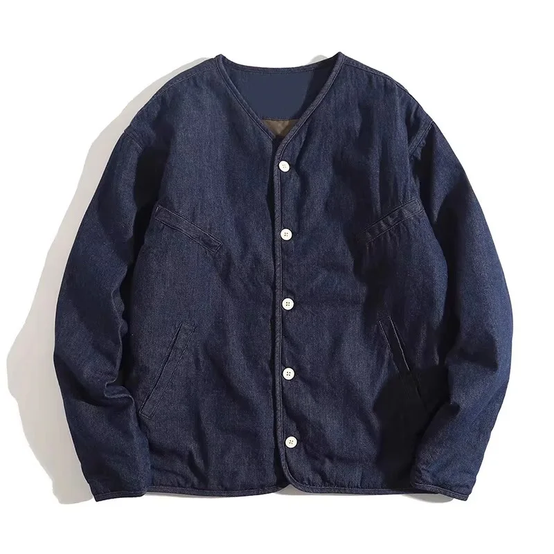 Quilted Lining Japan Style Men V-Neck Single Breasted Denim Jacket Retro Male Blue Jean Jackets Amekaji
Quilted Lining Japan Style Men V-Neck Single Breasted Denim Jacket Retro Male Blue Jean Jackets Amekaji