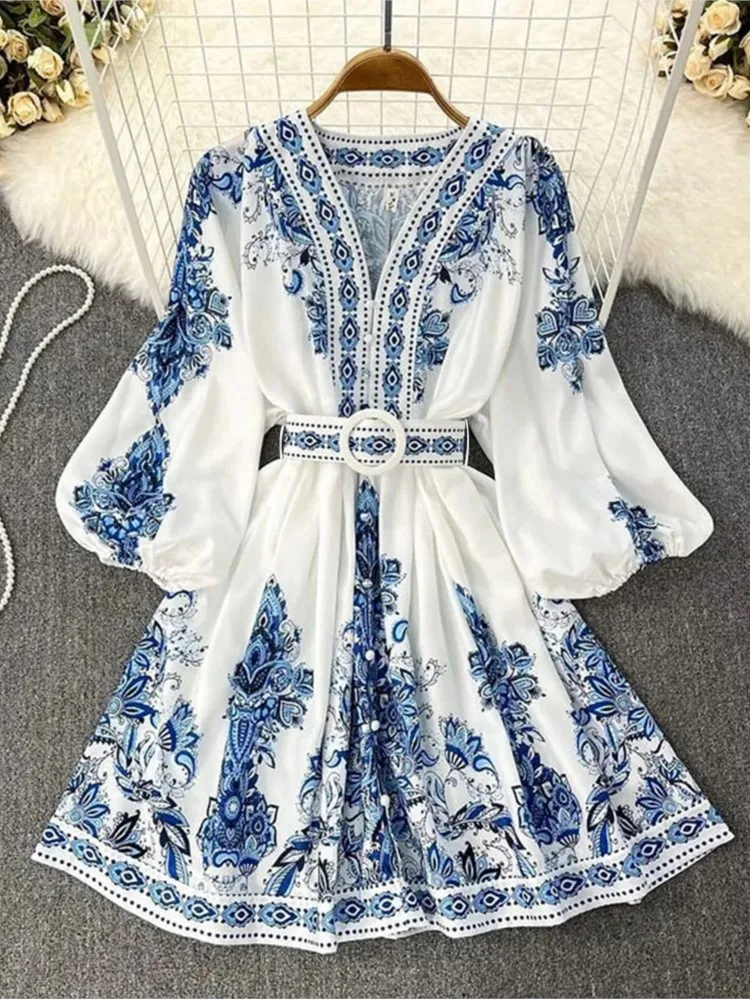 Spring Elegant Women Dress 2025 Fashion Lantern Sleeve V Neck Boho Print Dress Vintage Belt Loose Party Dresses Femme Vestidos
Spring Elegant Women Dress 2025 Fashion Lantern Sleeve V Neck Boho Print Dress Vintage Belt Loose Party Dresses Femme Vestidos