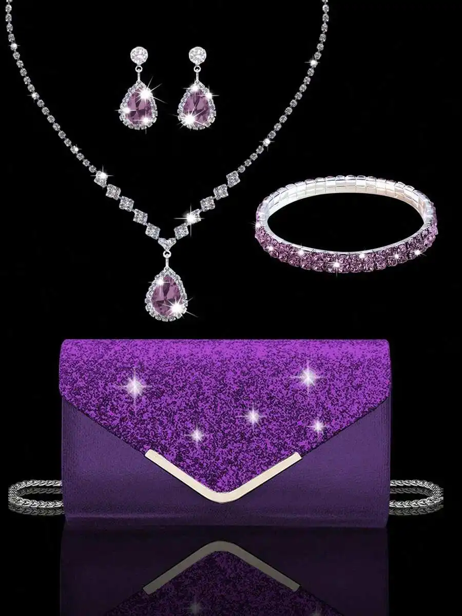 Purple Rhinestone Evening Clutch Set With Necklace Earrings Bracelet For Party Wedding Prom
Purple Rhinestone Evening Clutch Set With Necklace Earrings Bracelet For Party Wedding Prom