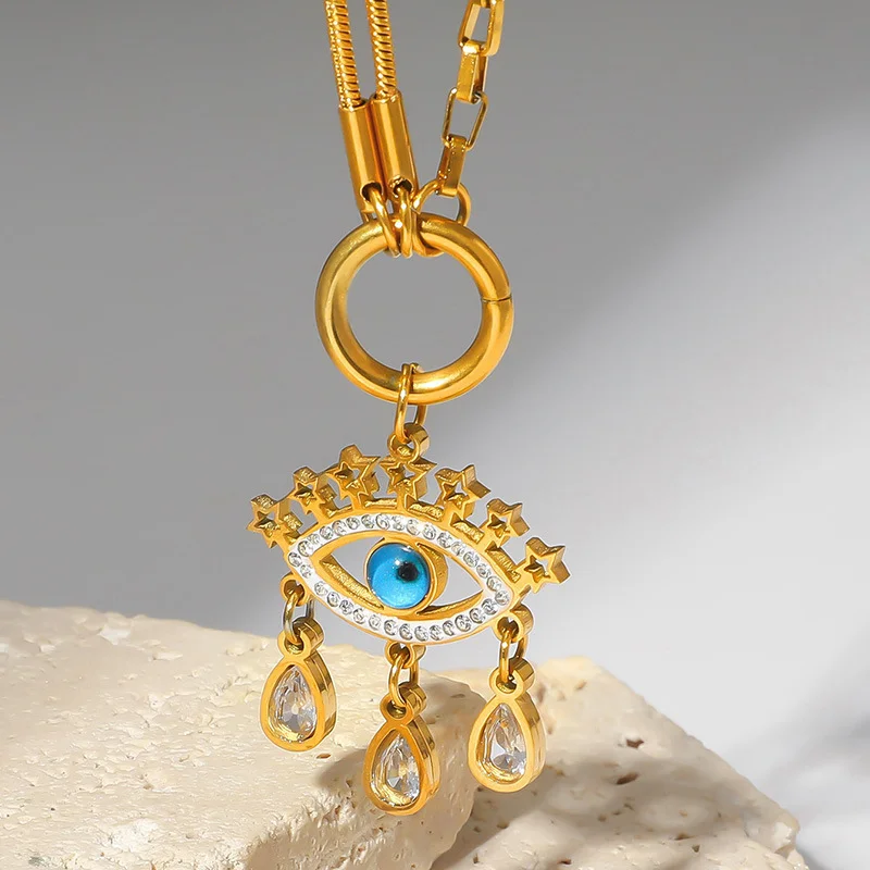 18K Gold Plated 316L Stainless Steel Evil Eye Pendant Necklace with Teardrop Crystal Accents for Women
18K Gold Plated 316L Stainless Steel Evil Eye Pendant Necklace with Teardrop Crystal Accents for Women