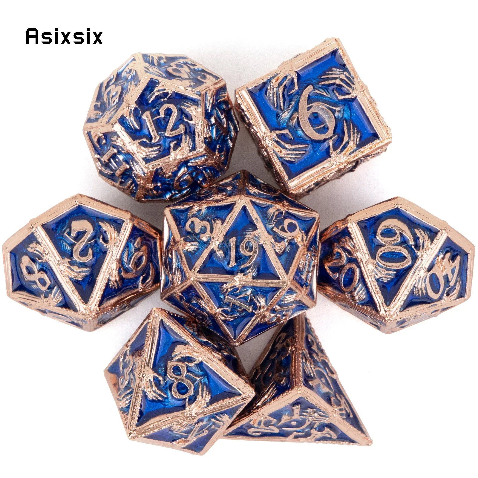 7 Pcs Golden Blue Hand Metal Dice Perfect For Card Games Board Games For Critical Role, Rpgs, D&D