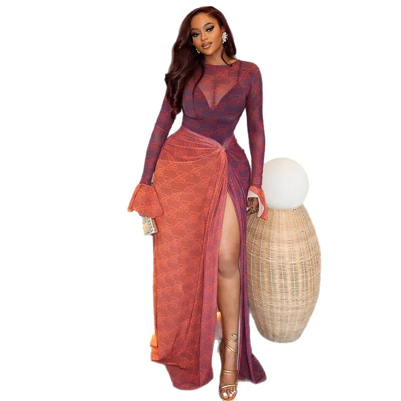 Gradient Mesh Bodycon Dress Women Round Neck Twisted Ruched Long Sleeve Maxi Skirt High Split Sheer Slim Evening Outfit
Gradient Mesh Bodycon Dress Women Round Neck Twisted Ruched Long Sleeve Maxi Skirt High Split Sheer Slim Evening Outfit