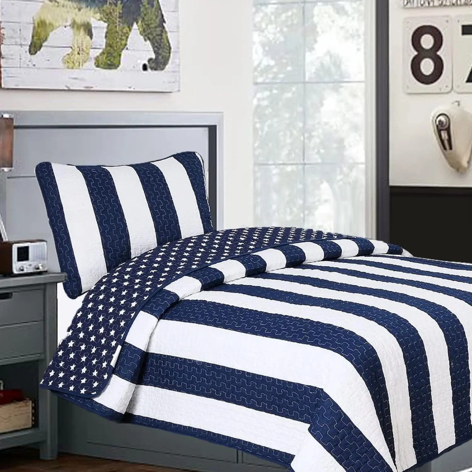 Nautical Navy Blue White Star Striped 100% Cotton Reversible Twin Quilt Set with Sham for Kids
Nautical Navy Blue White Star Striped 100% Cotton Reversible Twin Quilt Set with Sham for Kids